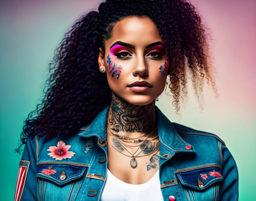  Young woman with tatoos and denim jacket