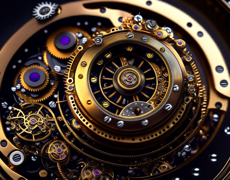 Detailed Golden and Blue Mechanical Watch Movement on Dark Background