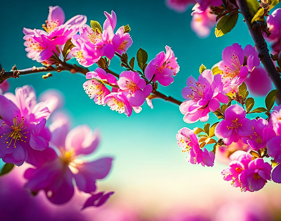 Pink Cherry Blossoms with Yellow Centers on Teal Background
