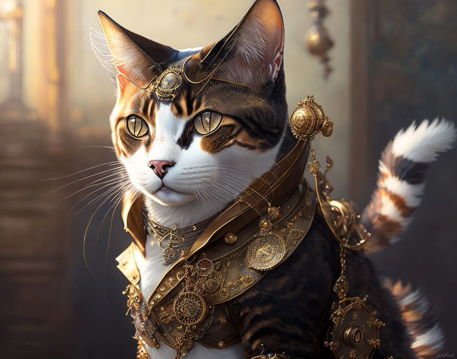 realistic painting of a steampunk cat, full body, 