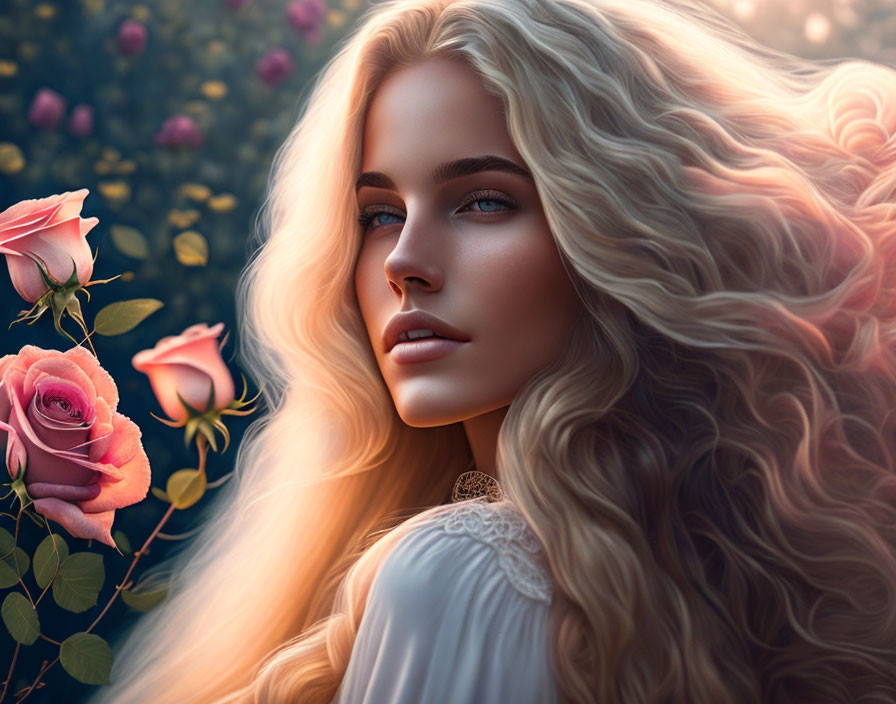  Young woman with blond,long Hair,Smell of Roses 