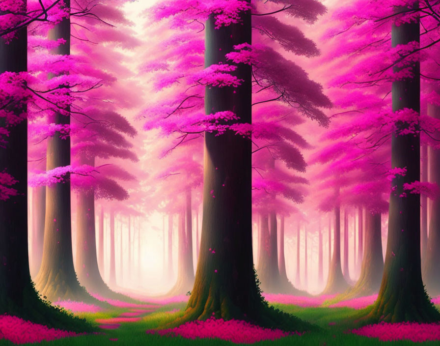  A forest with a tree with pink leaves 