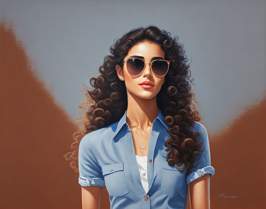 young woman with sunglasses,brown curly hair,gray