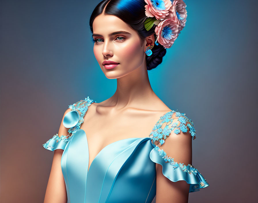 Young woman with blue earrings and flower arrangem
