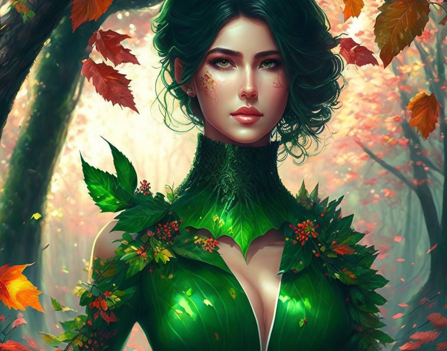 Green Autumn Woman with treeface,halfbody