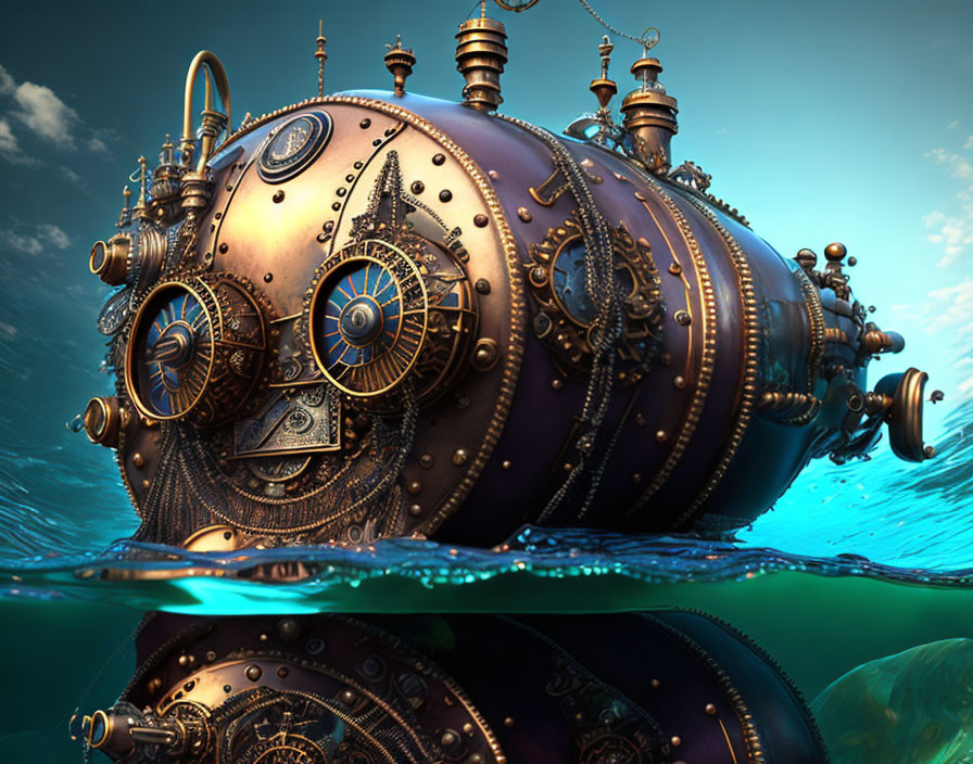 Intricate steampunk submarine with brass gears in calm ocean