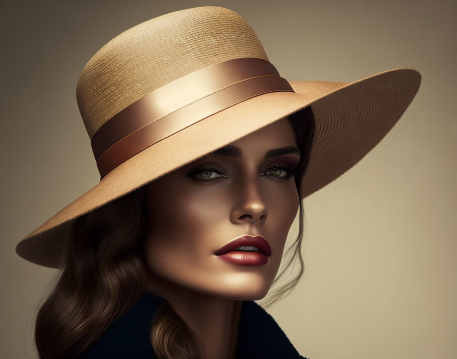 Portrait of woman with green eyes, red lipstick, wavy hair, beige hat.