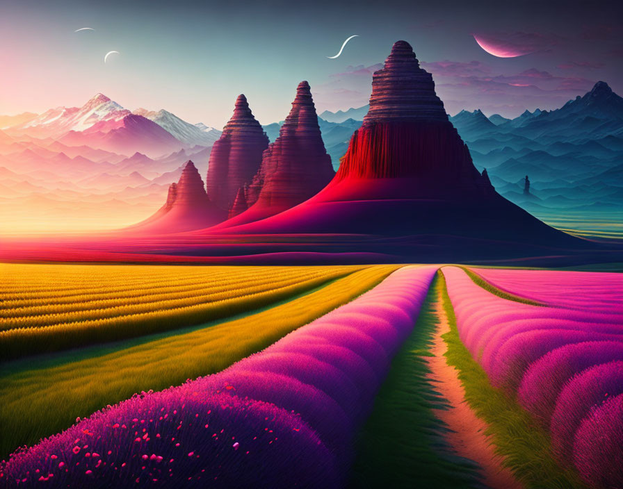Colorful Landscape with Red Mountains and Pink Sky
