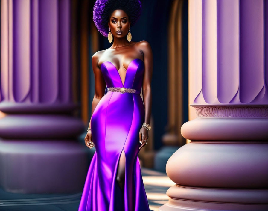 Digital Art: Woman in Purple Gown by Pillars