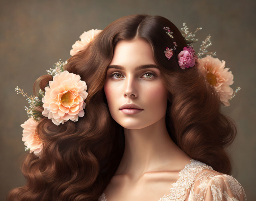 Woman with Long Wavy Brown Hair and Floral Adornments Portrait