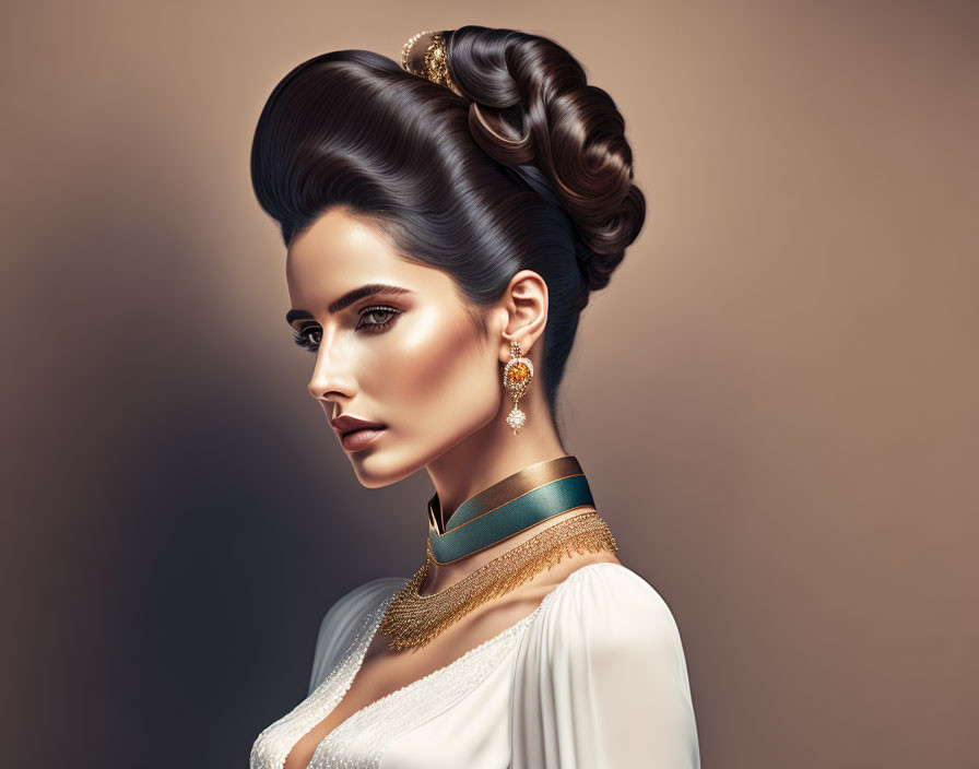 young woman with upswept hairstyle and necklace, i