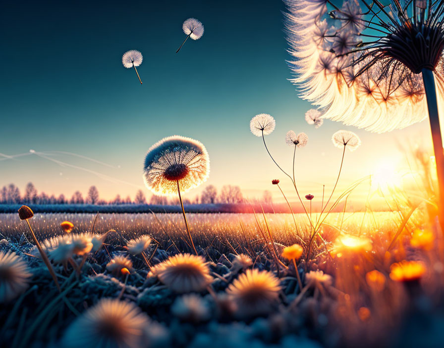 Dandelion seeds dispersing at sunset with shallow depth of field