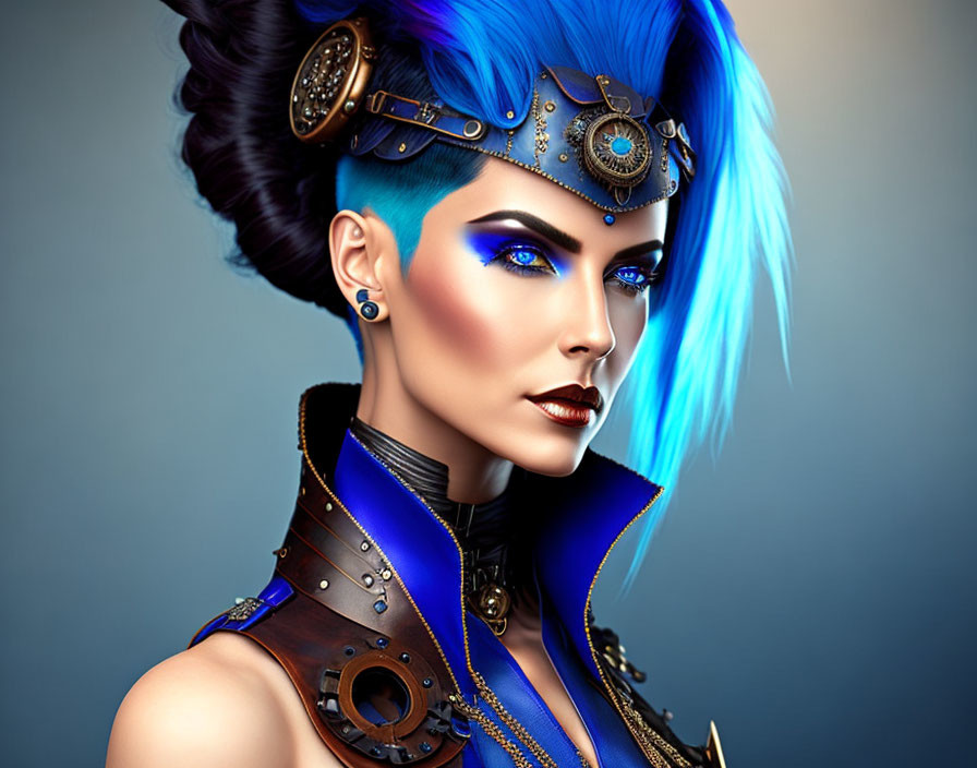  Steampunk woman, blue leather clothing, around 40