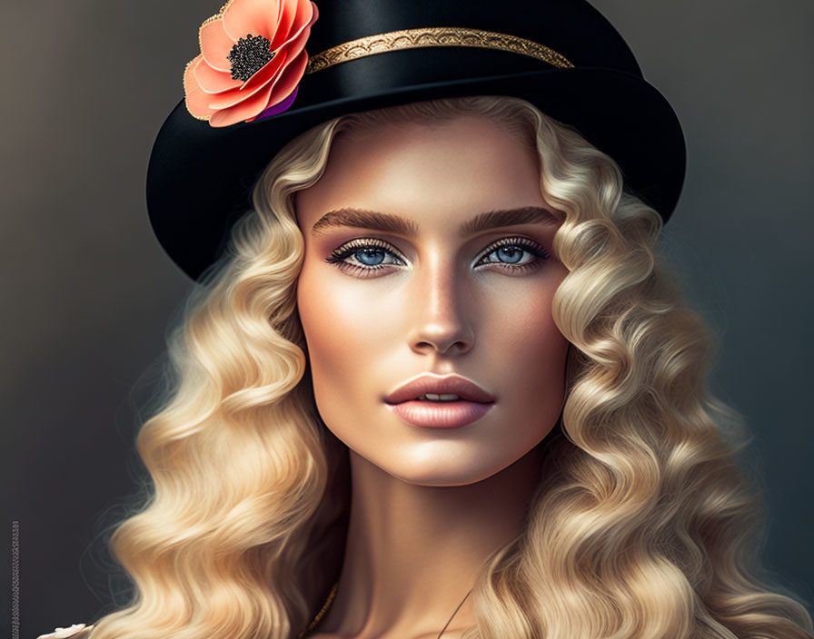 young woman with blonde curls,hat with flower and 