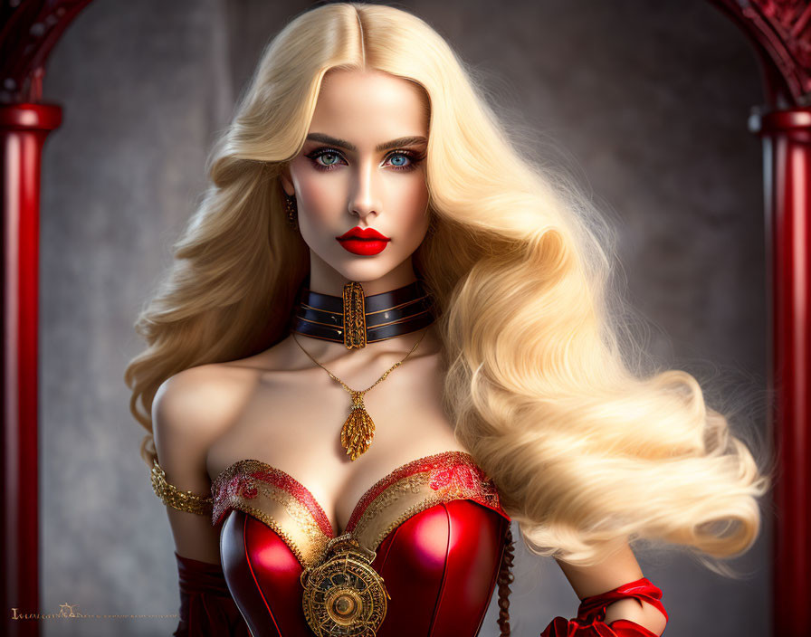 Blonde woman in red corset with blue eyes and red lipstick