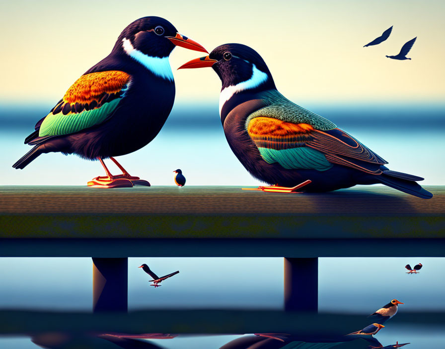 Birds sitting on a jetty
