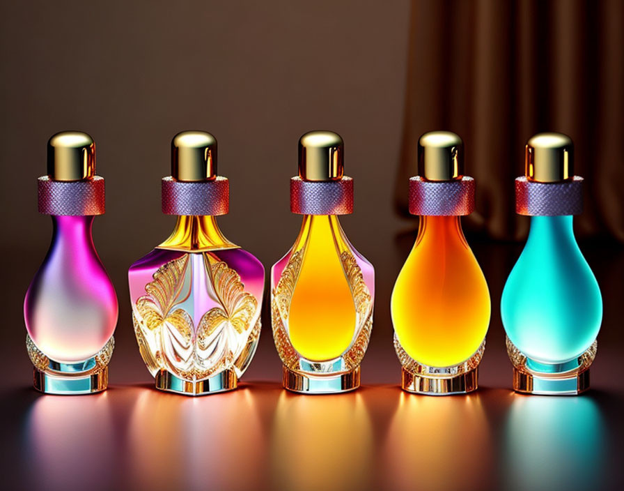 Colorful Perfume Bottles on Reflective Surface Against Warm Background