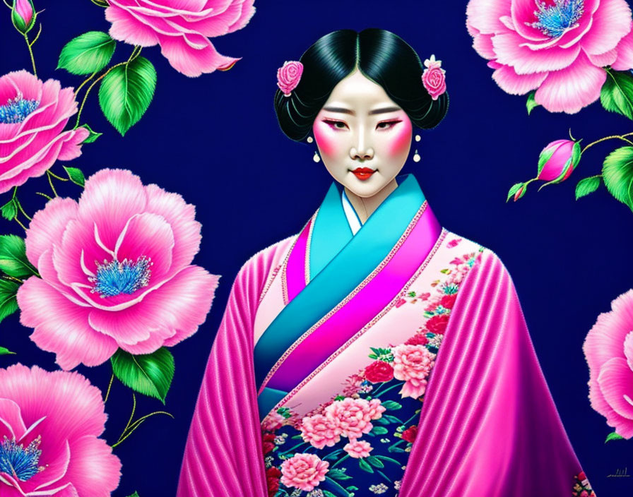 Aisiatic woman in kimono in rose with blue