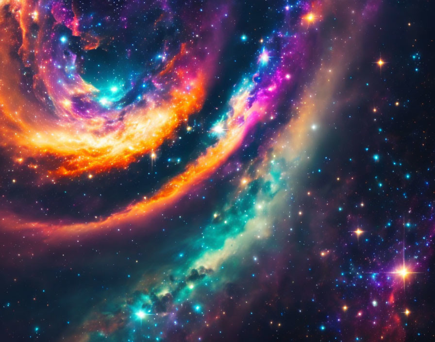 Colorful swirling nebulae and stars in cosmic space landscape.