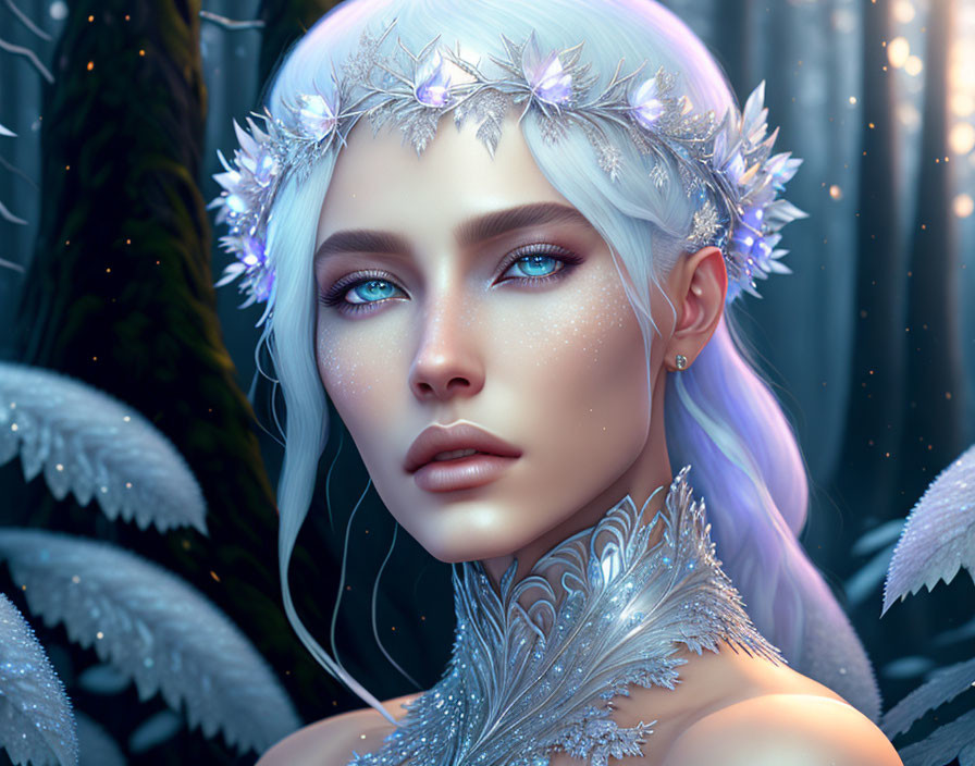 Fantasy Digital Art: Pale Blue-Haired Figure in Mystical Forest