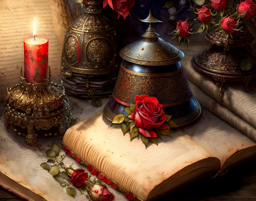  Bell, book, candle and old parchment with Bloodre