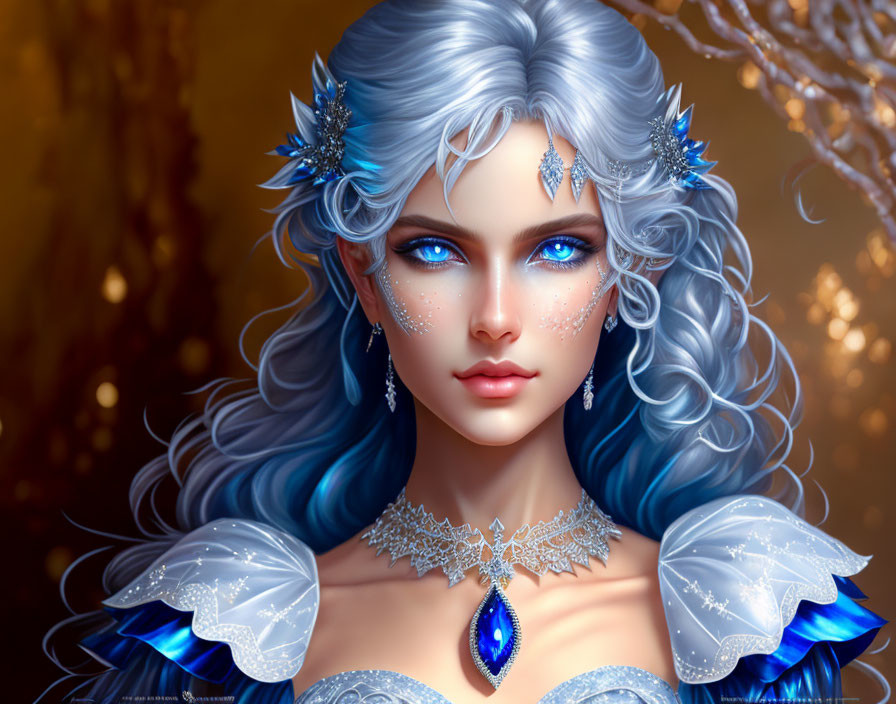 Fantasy woman with blue wavy hair and icy crystal accessories
