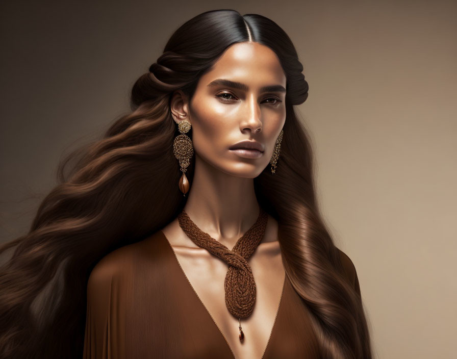  Woman with earrings,long hair tied into a knot,in