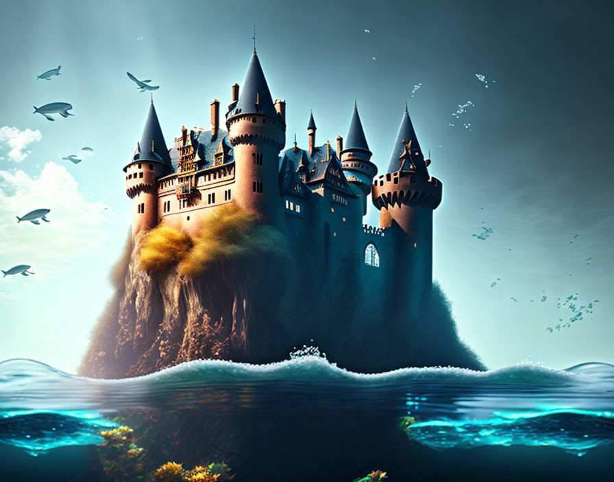 Cliff-top fairytale castle at twilight with flying birds