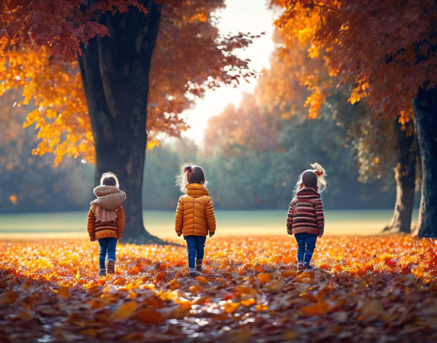 Autumn background with small children ,playing on 