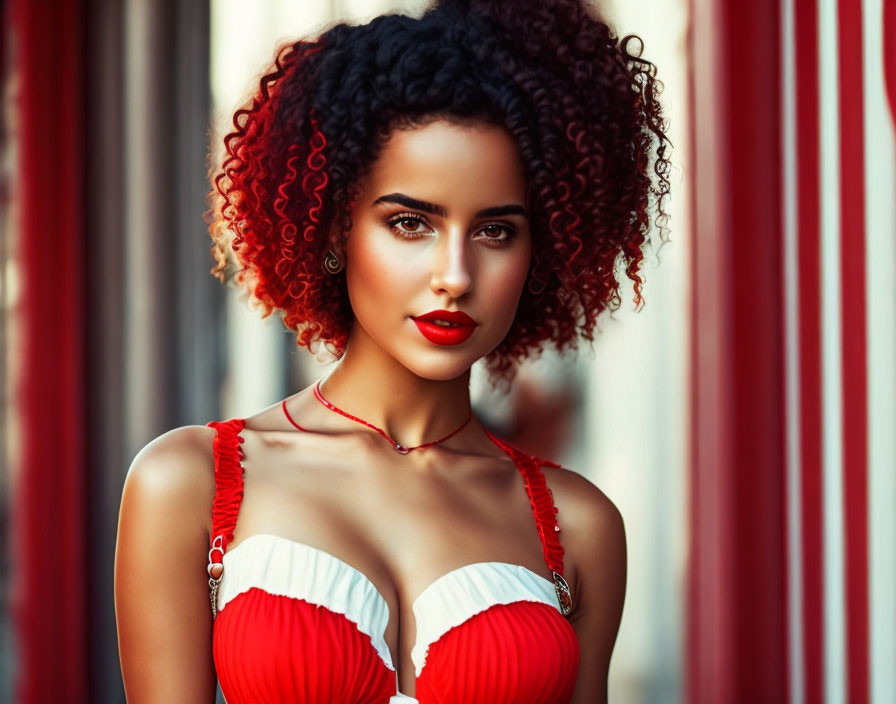 young woman with curly hair,a red bustier,short re