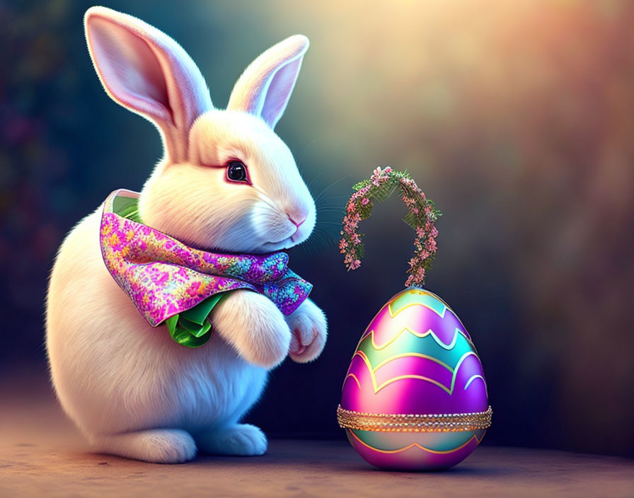 White Bunny with Floral Scarf and Decorated Egg in Fantasy Setting