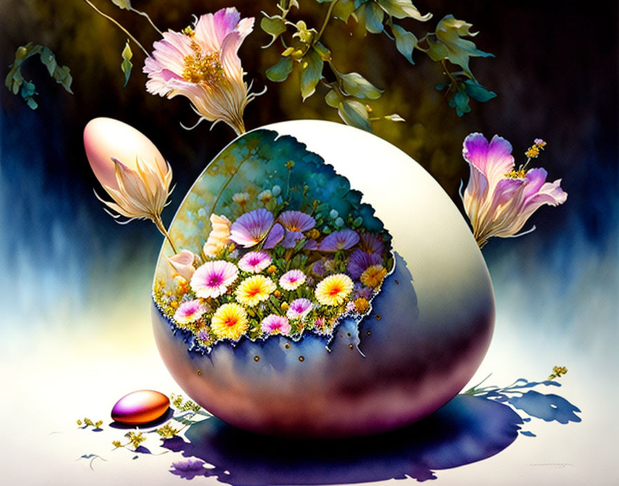 Colorful Egg Painting with Floral Pattern and Blooming Flowers on Blue Background