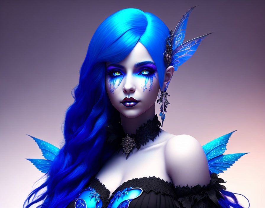 Dark fairy with blue hair,fullbody