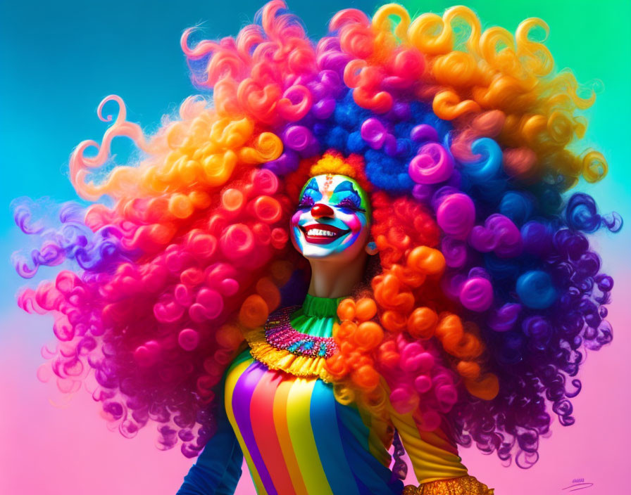  One gorgeous happy clown with curly hair, an expl