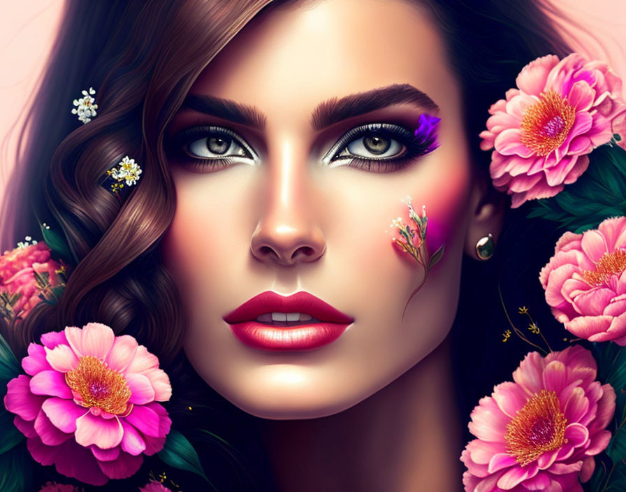  Pretty woman face with flowers around it