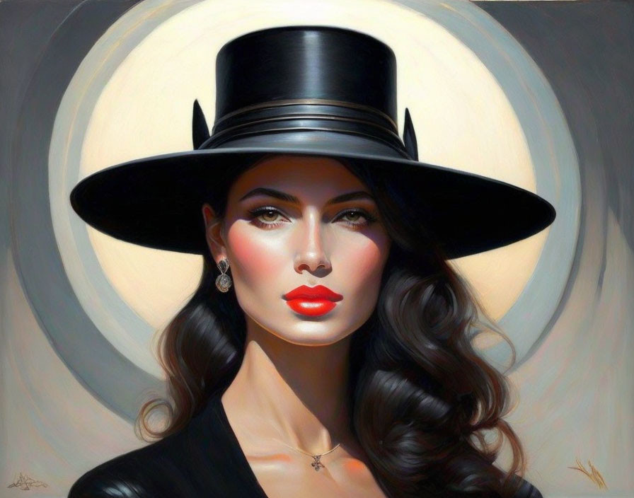 Very beautiful woman black hat painting