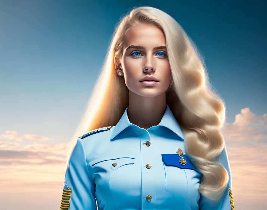  Young woman in light blue uniform ,with blond,lon