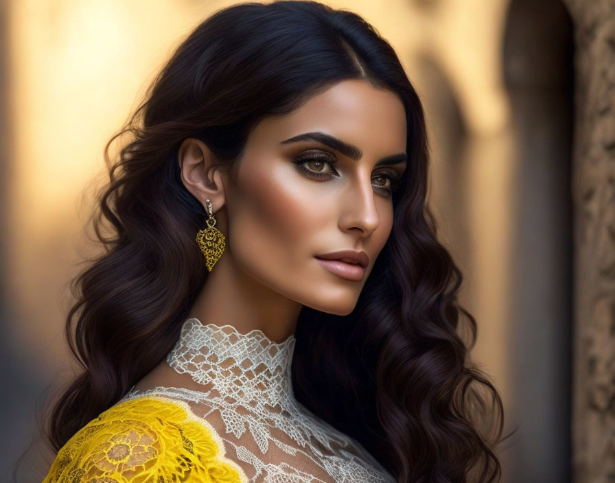 Woman with Long Wavy Hair and Striking Makeup in Lace Top with Yellow Details