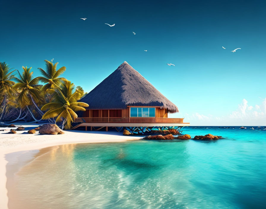Seaside scene with overwater bungalow, turquoise waters, palm trees.