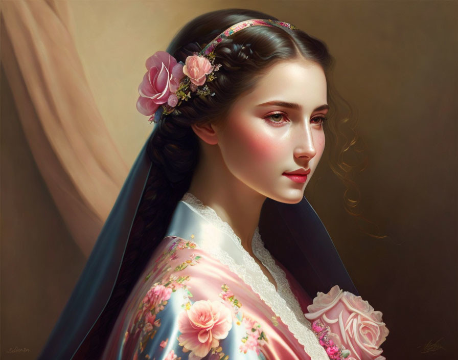  Young woman with flower ribbon and beautiful robe