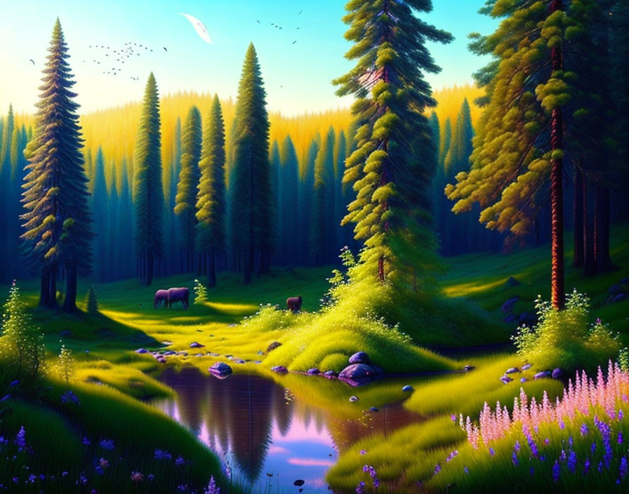 Tranquil digital art of green forest, pond, animals, twilight sky