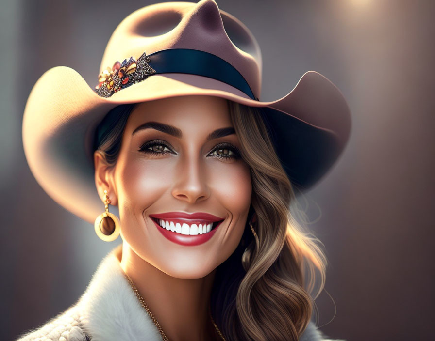  Woman with a beautiful face,smiles,a hat and earr
