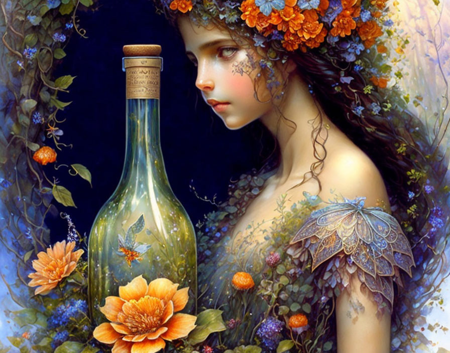 Fantasy portrait of woman with floral, butterfly motifs and clear bottle