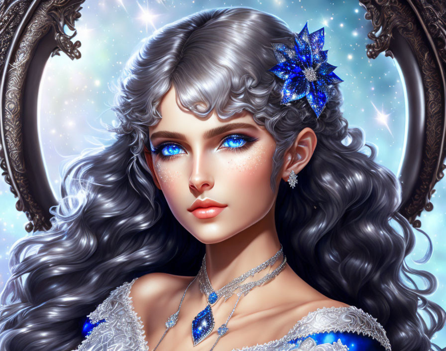 Fantasy digital artwork of a woman with blue eyes, silver hair, and floral jewelry