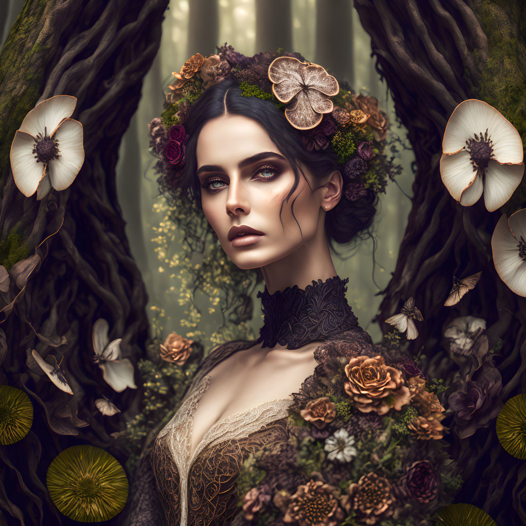 Woman in floral crown and lace attire in mystical forest with ethereal flowers.