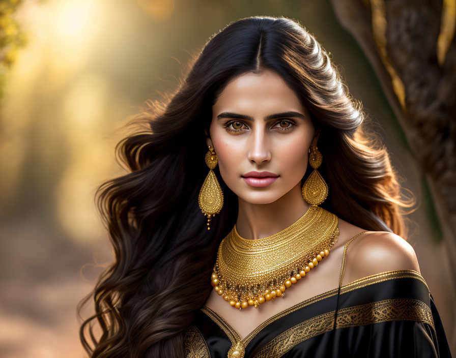 Young woman with long,brown hair,gold earrings and