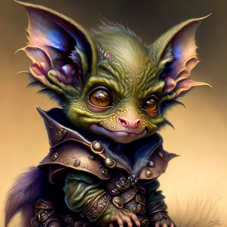 Illustration of creature with large ears and green skin in studded armor