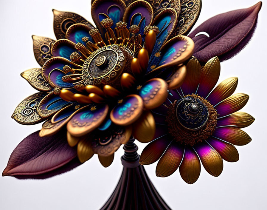Flower with Metallic Textures and Serpentine Patterns in Purple, Gold, and Blue