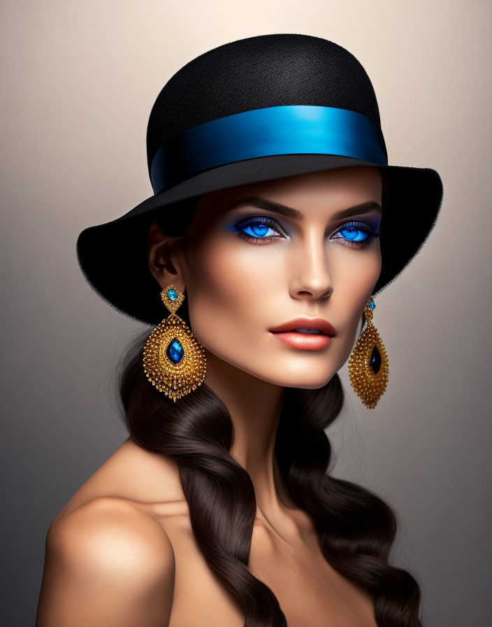 Blue-eyed woman in blue and black hat with gold teardrop earrings on neutral backdrop