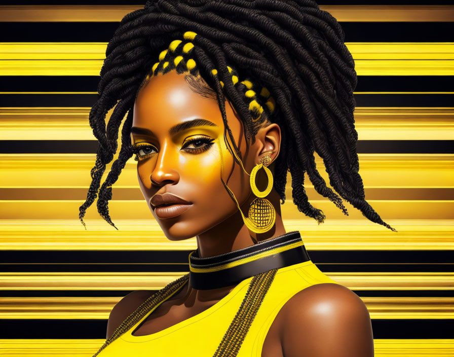 Woman with raster braids,yellow shirt and black ye